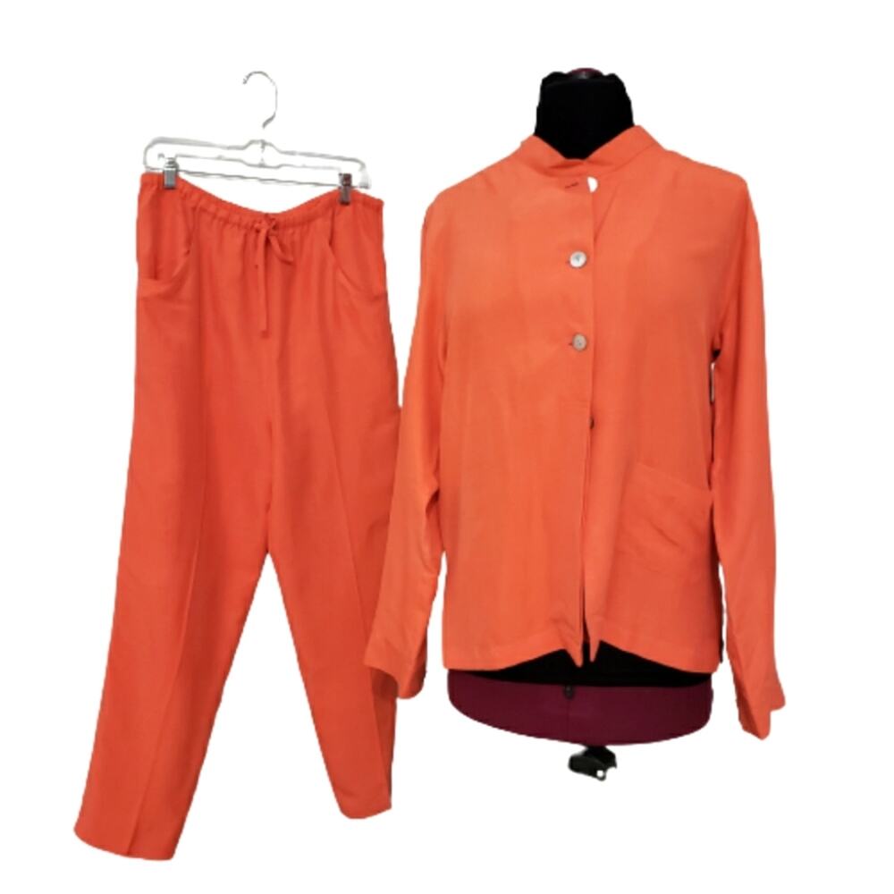 Galinda Wang‎ Silk Two-Piece Tangerine Tunic Top and High Rise Pant Suit 10